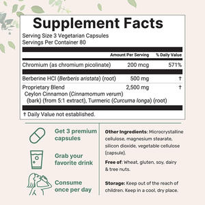 แคปซูลเบอร์เบอรีนสำหรับผู้ใหญ่พร้อมอบเชยซีลอนและโครเมียม OEM 1500 มก. ผลิตภัณฑ์เสริมอาหารสมุนไพรออร์แกนิกบริสุทธิ์ แคปซูลเบอร์เบอรีน มีสินค้าในสต็อก - Product Image 4