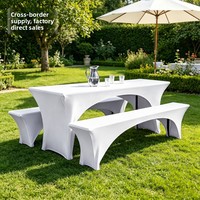 Ensemble de housses de table modernes trois pièces en polyester élastique, best-seller, pour extérieur, avec nappe et housse de banc en spandex