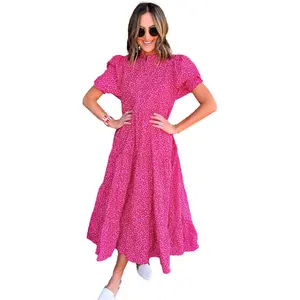 2024 Wholesale Chic Clothes Customized Summer Rose Red Flower Mock Neck Puff Sleeve Tiered Maxi Dress