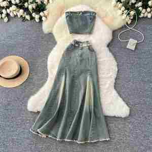 Y2K Summer Solid Woven Strapless <b>Sexy</b> 2 Piece <b>Set</b> for Women Sleeveless Tube Top and High Waist Midi Denim Skirt Wholesale - Product Image 2