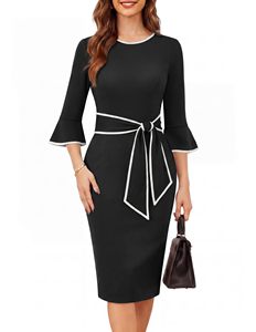 Wholesale Solid Color Round Neck Career <b>Dress</b> Three Quarter Flare Sleeve Midi Bodycon Office <b>Dress</b> with <b>Waist</b> Belt Detail <b>Dress</b> - Product Image 3