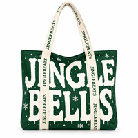 Sac fourre-tout en toile grand format JC BASIC, imprimé clochettes vertes, avec logo personnalisé, grande capacité, fond large, promotionnel pour les fêtes de Noël