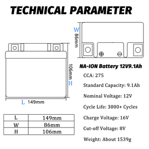 Batterie rechargeable au sodium-ion 12V 9.1Ah à décharge profonde pour moto 275CCA 3000+ cycles - Product Image 3