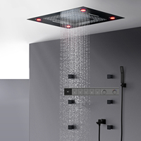 Ensemble de robinetterie de douche LED noir mat de luxe à montage mural, avec 5 poignées, pommeau de pluie, 6 jets latéraux, mitigeur thermostatique numérique et jets de massage doux