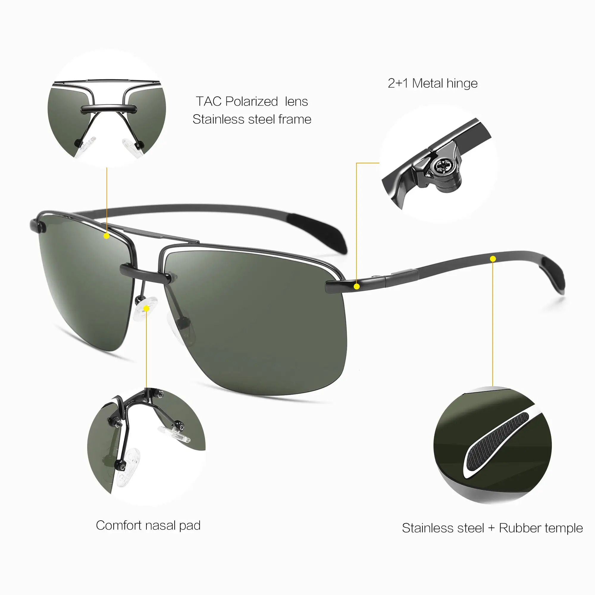 Sıcak moda yarı çerçevesiz kaliteli erkekler Metal güneş gözlüğü tasarımcı polarize gözlük 2024 güneş gözlüğü erkekler