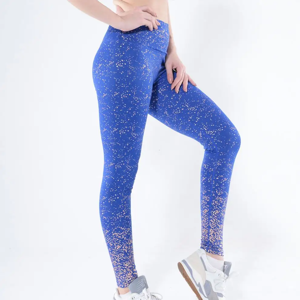 Jinfeng calça de yoga cintura alta, metálica, estampada, azul, perneiras, cintura alta