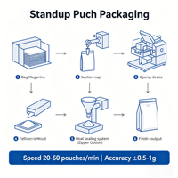 Machine d'emballage de sachets Doypack, remplissage et scellage pour aliments pour animaux, snacks, fruits secs et noix