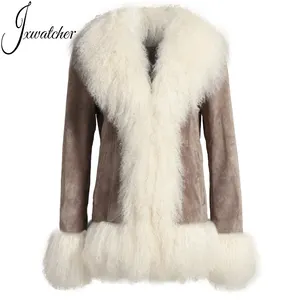 Großhandel Soft Genuine Schaffell Mantel Fluffy Mongolian Lamm Pelz Kragen Manschetten Herbst Luxus Custom Frauen Natur lederjacken