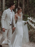 Robe de mariée sirène en Satin, Simple, col en v, traîne, élégante, Illusion, Appliques, dentelle, dos nu, bretelles, boutons, 8236 #