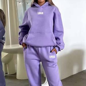 Set da donna con Logo personalizzato <span class=keywords><strong>rosa</strong></span> felpa e <span class=keywords><strong>pantaloni</strong></span> da jogging 2 pz tuta pesante a gamba larga e Set felpa con cappuccio da donna - Product Image 2