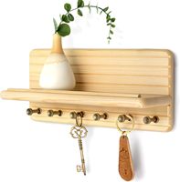 Porte-clés mural en bois de pin de 11 pouces avec 6 crochets et étagère flottante - Solution de décoration intérieure chic et fonctionnelle (Bois naturel)