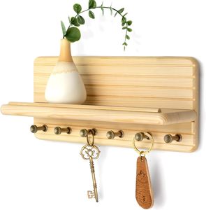 Porte-clés mural en bois de pin de 11 pouces avec 6 crochets et étagère flottante - Solution de décoration intérieure chic et fonctionnelle (Bois naturel) - Product Image 1