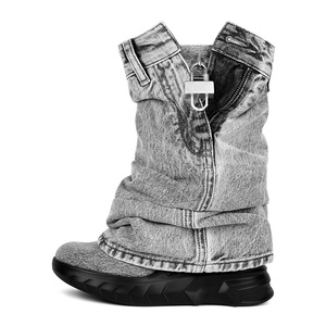 Women Thick Wedge <b>Heels</b> <b>Round</b> <b>Toe</b> Short Boots Shark Lock Overlay Cowboy Booties Retro Mid Calf Western Shoes - Product Image 2
