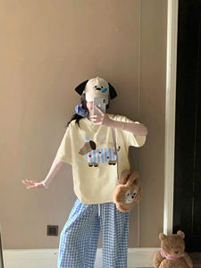 New Dog <b>Embroidery</b> <b>Set</b> x Blue Plated Pants Sample Available Casual Style Cartoon Pattern Cotton Blend Knitted + Polyester Woven - Product Image 4