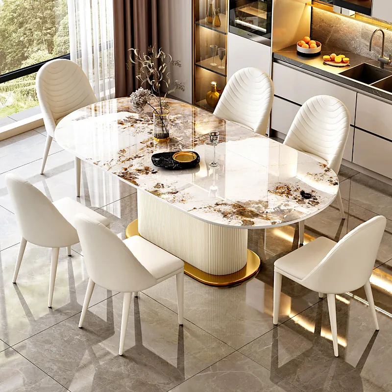 Luxury Home Furniture Gold Stainless Steel Frame Stone Top Oval Table White 6 Seater Chairs Dining Table Set