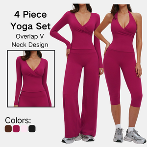Ensemble 4 pièces pour femmes, haut sans manches à <span class=keywords><strong>col</strong></span> en <span class=keywords><strong>V</strong></span> superposé, haut à manches longues, leggings capri, pantalon large, yoga, entraînement, fitness - Product Image 1