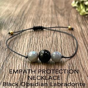 Retro Empath Protection 2PCs Pulsera y collar Conjunto de joyas con labradorita natural y cuentas de obsidiana negra trenzada - Product Image 2