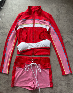 Completo Estivo da <span class=keywords><strong>Donna</strong></span> 3 Pezzi Tuta Sportiva Personalizzata Stile Streetwear Bicolore con Top Bralette Sportivo, Giacca e Pantaloncini - Product Image 2