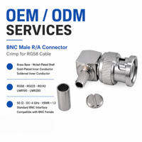 Connecteur RF coaxial mâle BNC à sertir à 90 degrés en laiton pour câbles RG58, LMR200, LMR195, RG223, RG400, RG142