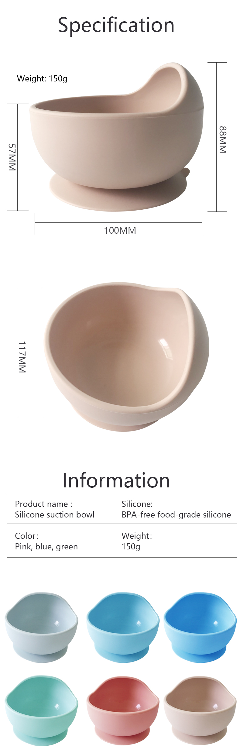 Ensemble matériel de cuillère de cuvette de bébé de silicium de vaisselle d'aliment pour bébé de silicone de catégorie comestible 0