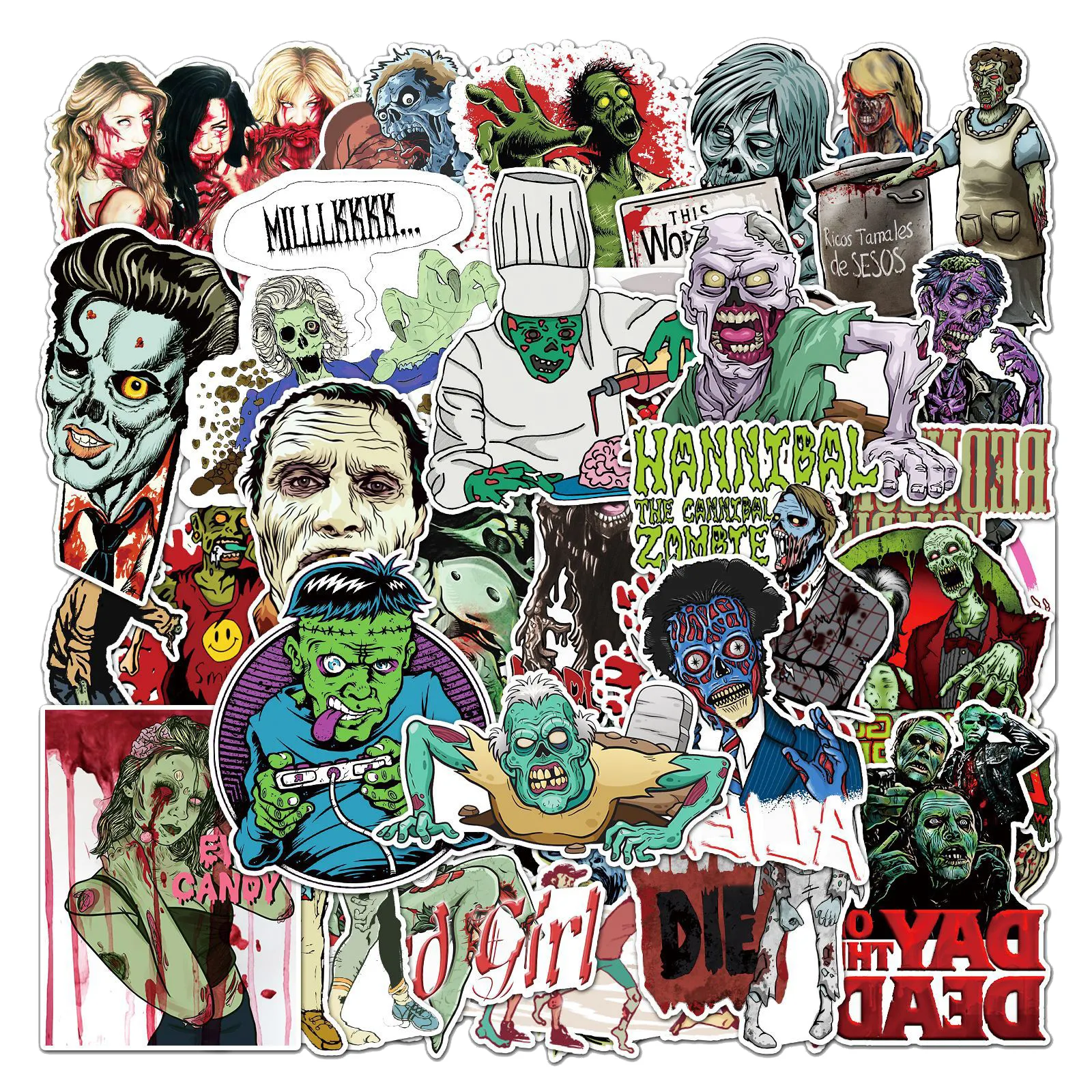 Hoyo 50 Stks/pak Zombie Stickers, Halloween All Saints Day Ghost Skelet Jack O Lanterns Heks Vakantie Stickers Stickers