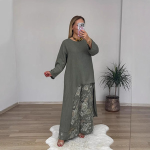 Women's Casual Cotton <b>Linen</b> <b>Set</b> Long Top Wide Leg Pants With Pockets Green Gray Beige Pink Yellow White S M L XL 2XL 3XL - Product Image 1