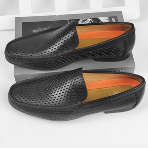 Mocassins en cuir véritable noir à bout rond, respirants, pour hommes, chaussures d'été - Product Image 2