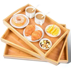 食品を提供するためのハンドル付きの高品質の長方形3個の木製竹サービングトレイセット