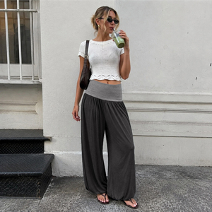 Pantalon décontracté américain colorblock à taille large drapé et fuselé pour femme, coupe ample flatteuse, jambe large, style jogger long - Product Image 1