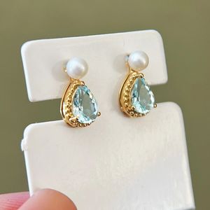 Boucles d'oreilles Xinfly en or véritable 18 carats avec perle d'eau douce et aquamarine, cadeau pour femme - Product Image 1