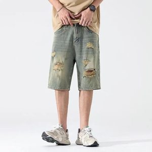 Pantalones cortos vaqueros rasgados para hombre con lavado ácido personalizado, efecto desgastado, estilo casual de verano, 100% algodón, azul claro, corte recto. - Product Image 4
