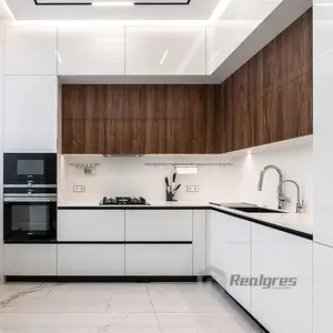 Casa villa alto brilho flat pack cozinha armário móveis pré-fabricados moderno vidro branco painel rta cozinha armários