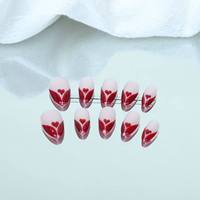 Forme d'ongle d'amande courte faite à la main pure, coeur peint à la main rouge, vente en gros d'usine réutilisable de haute qualité.