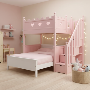 Lit superposé magique en forme de château de princesse rose avec escalier de rangement - Lit féerique gain de place pour fille - Product Image 2