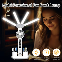 Lampu meja LED multifungsi kustom, lampu 4 kepala dengan kipas kalender isi ulang daya USB, lampu meja 3 warna membaca lampu malam