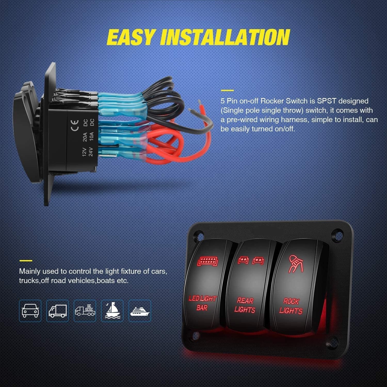 Black 6 Pin Rocker Switch 16A 250VAC on on Marine Boat Switch Rocker Switch