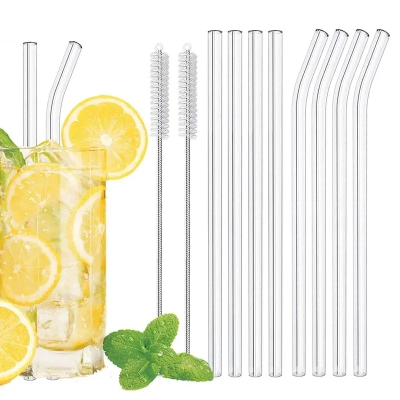 Reusable High Borosilicate Glass Drinking Straws Set With Cleaning Brush and Box Package 6 Pcs/Set Transparent Glass Straw