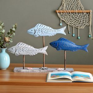 Wooden Fish Figurine Set 3 Colors Handmade <b>Tabletop</b> Decor Coastal Home Ornament - Product Image 3