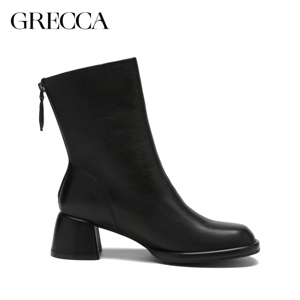 מגפי קרסול שחורים מעור אמיתי לנשים, אופנת סתיו/חורף, עקבים גבוהים ורחבים, סגירת סליפ-און. - Product Image 6