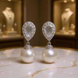 Orecchini Wlaj a goccia con perle finte e montatura a castone, placcati in argento 925, classici da sposa, da donna, a goccia, bianchi, forma rotonda, qualità AAA - Product Image 2