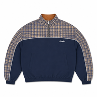 Veste coupe-vent unisexe à demi-zip avec empiècements contrastants à carreaux, style streetwear et sportswear, personnalisable OEM ODM, vente en gros