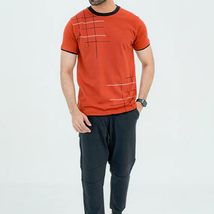 Camiseta de Algodón con Estampado Geométrico para Hombre, Manga Corta, Cuello Redondo, Corte Regular, Estilo Casual, Ribete en Contraste - Product Image 4