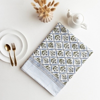 Nappe rectangulaire en coton 100% à imprimé botanique bleu avec bordure rayée pour la décoration de la maison