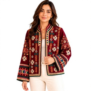 Blouson Bomber en Velours Tricoté Matelassé Brodé Suzani, Fait Main, Motif Floral Bohème, Manches Longues, Style Tendance, Éco-Responsable, Automne - Product Image 4
