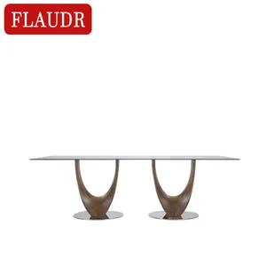 Contemporary luxury rectangle transparent glass tops and silver stainless steel wood base household dining table