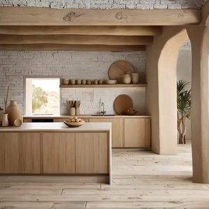 Modern Luxury Wabisabi Style Kitchen Island Solid Wood Style Kitchen Cabinet With Light Cabinet Oak Door With Open Shelf - Product Image 1