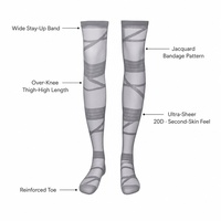 Collants de compression personnalisés OEM pour femmes, 20D Jacquard, effet bandage, sans couture, en nylon, avec ruban 3D, style Balletcore JK, hauteur cuisse, vente en gros