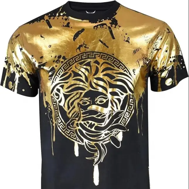 Custom Gold Stamping Logo Bright T Shirts Solid Black Cotton