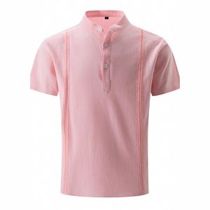 Camisa de lino y algodón con cuello Henry para hombres europeos americanos 2025, Color sólido, manga corta, <span class=keywords><strong>Guayabera</strong></span> cubana, Top informal de un solo pecho - Product Image 4