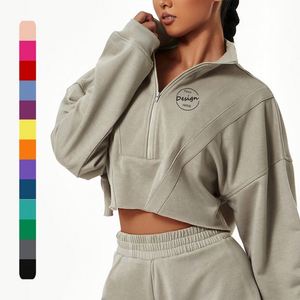 เสื้อสเวตเตอร์ซิปหน้าสำหรับผู้หญิงคอตั้งเสื้อแบบสวมหัวมีฮู้ดแบบซิปครึ่งตัวเปิดไหล่ทรงโอเวอร์ไซส์ - Product Image 1